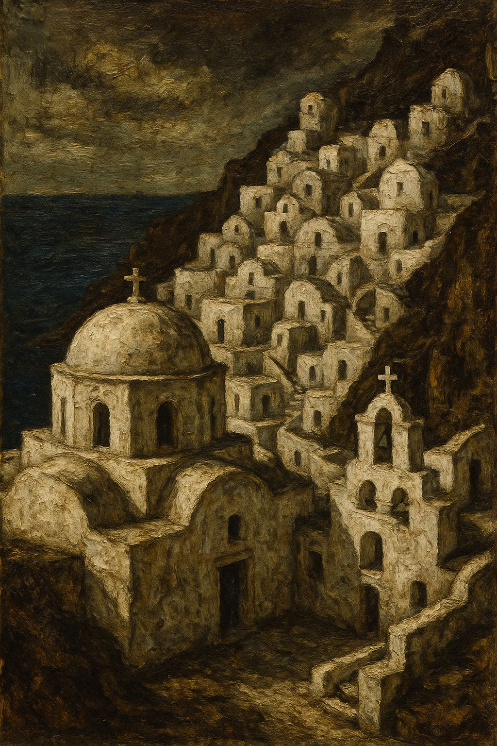 white Cycladic buildings — Im Geiste Courbets